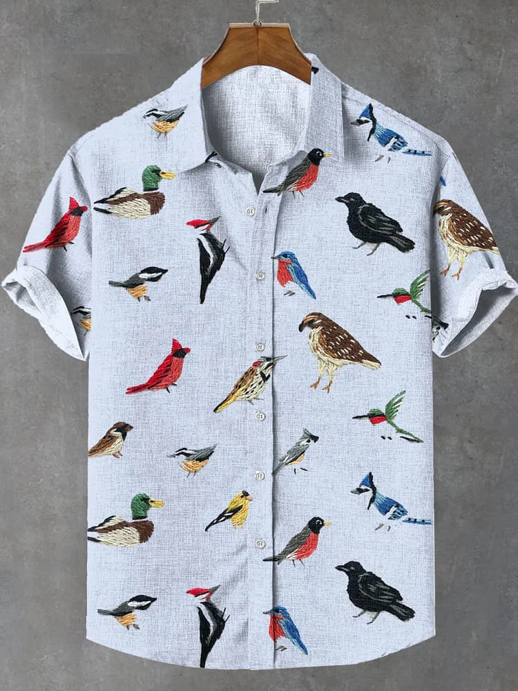 Comstylish Men's Lovely Birds Embroidery Art Print Linen Blend Shirt