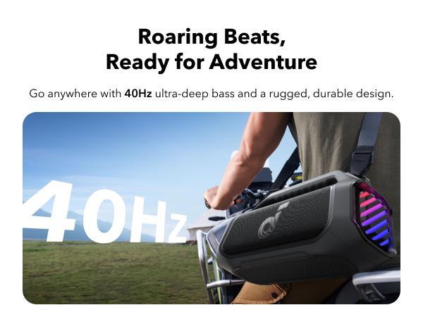 Product Introduction of soundcore Boom 2 Plus/Pro by Anker. Outdoor Speaker. 140W. 2+2 Channel. BassUp 2.0. 20H Playtime. Fast Charge. IPX7 Waterproof. RGB Lights. Power Bank. Bluetooth 5.3. Portable for Outdoors. Camping. Beach 4