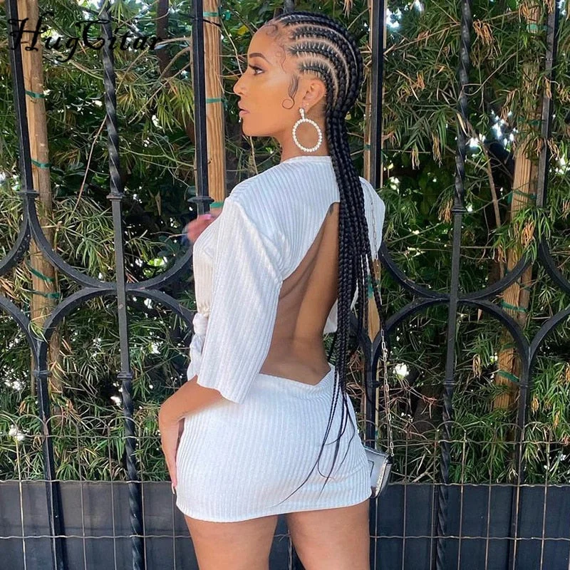 Hugcitar Solid Short Sleeve Hollow Out Backless Bandage Mini Sexy Dress 2021 Summer Autumn Women Fashion Outfits Party Club Y2K