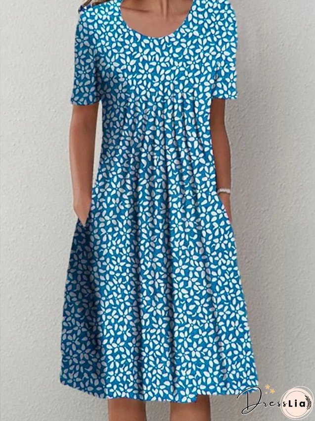 Women's Casual Dress Midi Dress Blue Short Sleeve Floral Ruched Spring Summer Crew Neck Basic