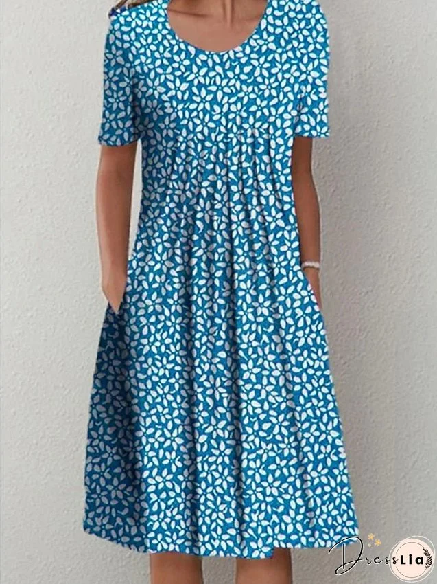 Women's Casual Dress Midi Dress Blue Short Sleeve Floral Ruched Spring Summer Crew Neck Basic