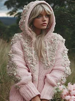 Women's Pink Flower Embroidery Art Long Sleeve Hoodie Sweater