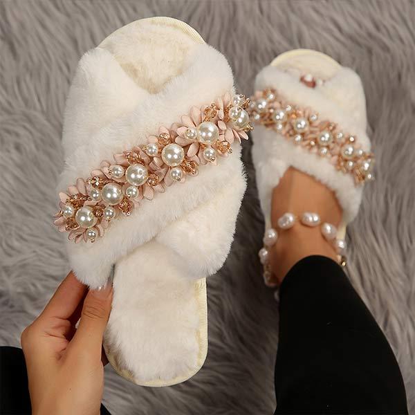 Women's Pearl Floral Furry Slippers