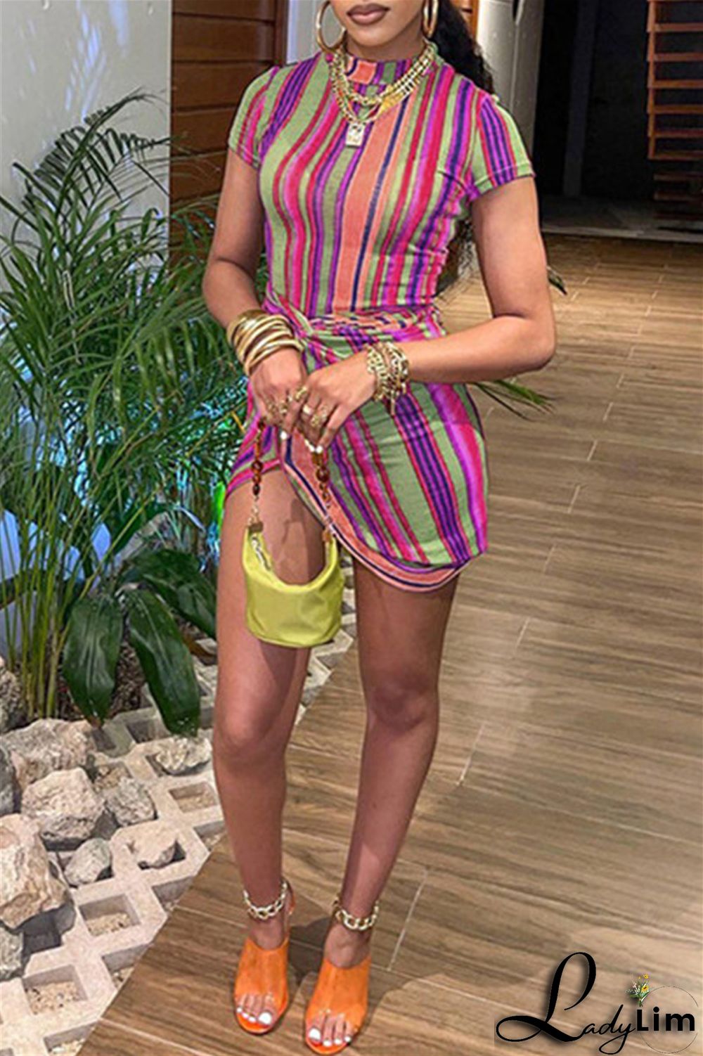 Orange Fashion Casual Striped Print Split Joint Half A Turtleneck Short Sleeve Dress