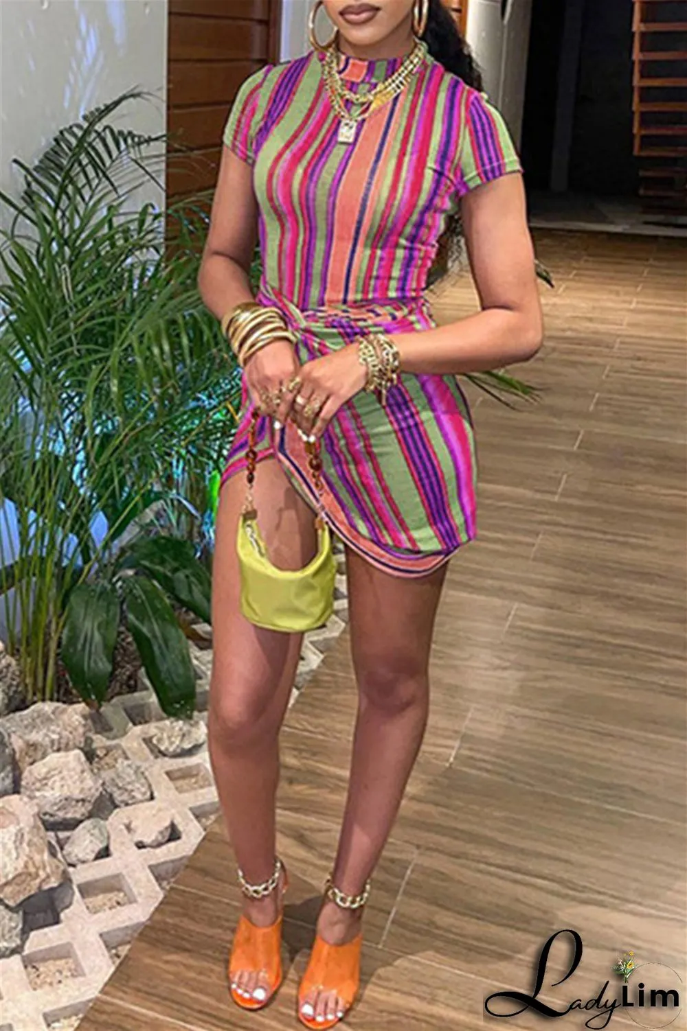 Orange Fashion Casual Striped Print Split Joint Half A Turtleneck Short Sleeve Dress