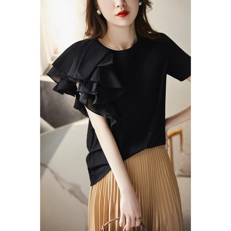 Ueong Amorous Feelings ~ Irregular Lotus Leaf Edge Design Round Collar Pure Cotton T-Shirt Short-Sleeved Shirt Girl EGTX46512