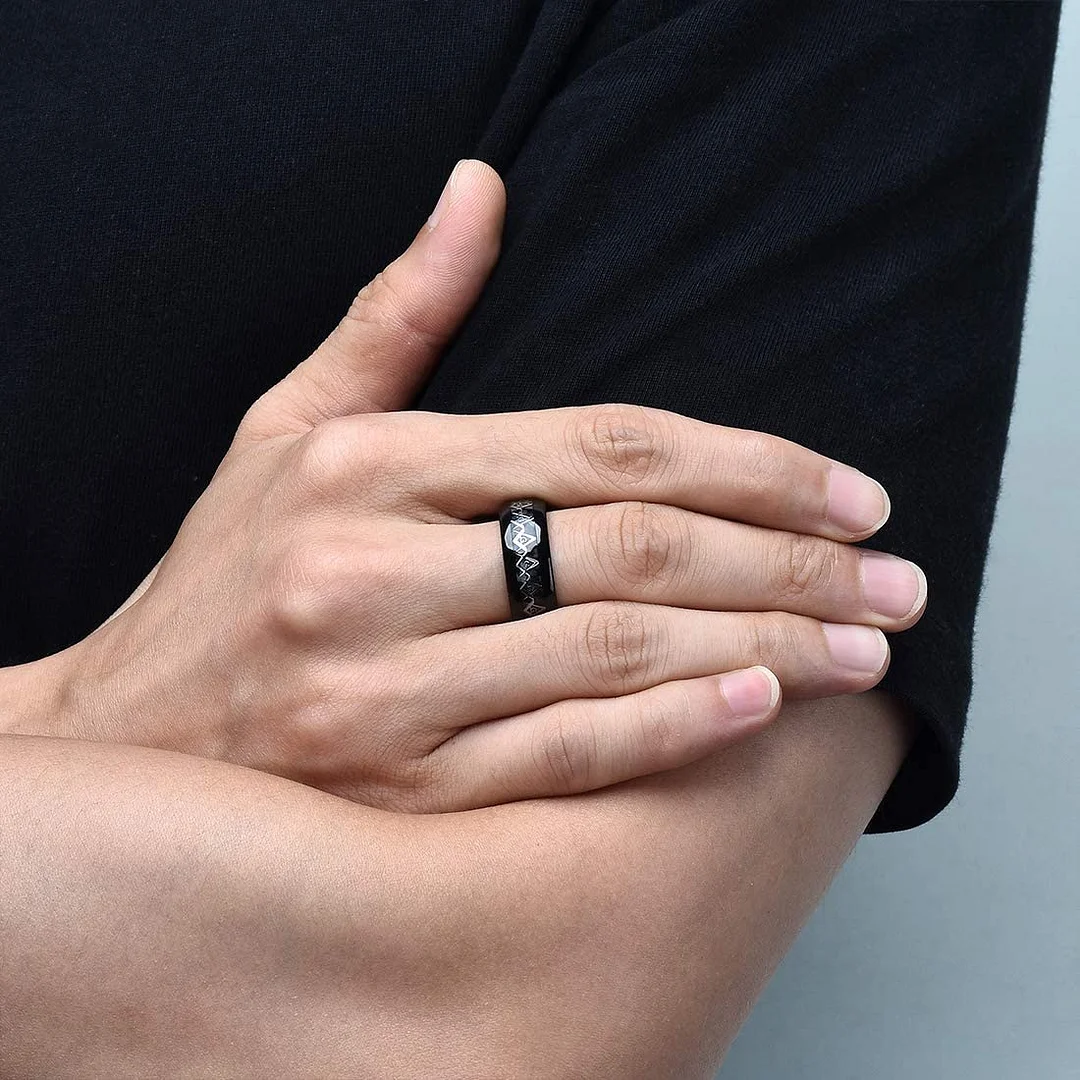 8MM Women's Or Men's Classic Black Tungsten Carbide Rings Masonic Compass Black Carbon Fiber Inlay Comfort
