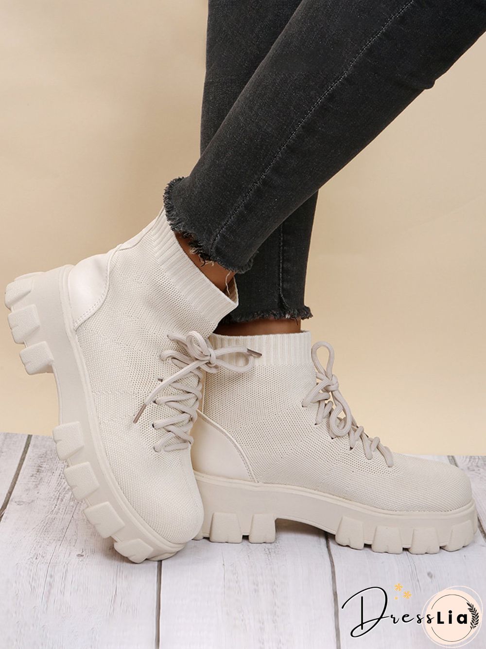 Versatile Platform Lace-Up Casual Black Short Flyknit Sock Boots