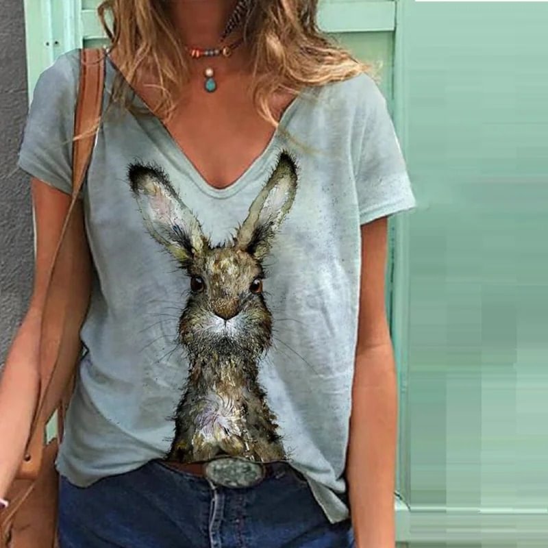 Ladies rabbit v-neck short sleeve graphic tees