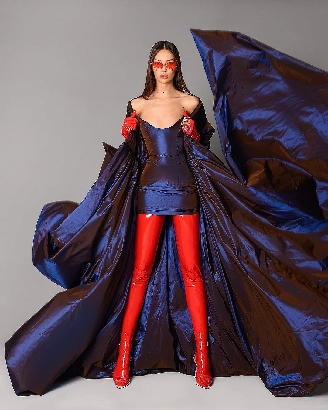 Cape Taffeta Short Dress Red Latex