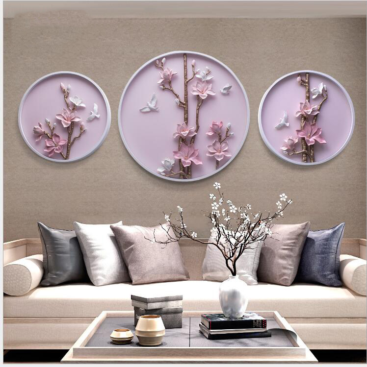 Luxury 3D Stereo Embossed Wall Hanging Round Painting Flowers Resin Crafts Decor Home Room Sofa Wall Sticker TV Background Mural