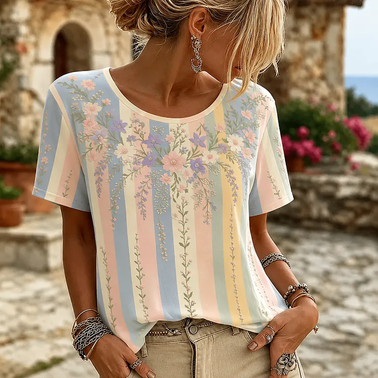 Women's Floral Vine And Lace Embroidered Art Stripe Vintage Round Neck Short Sleeve Top