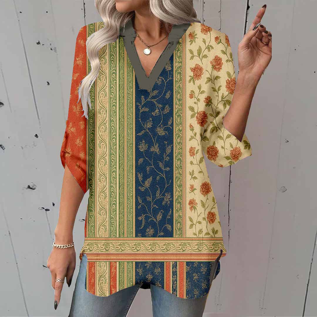 Women Bohemian,Floral,Red,Blue DZGA0285 3/4 Sleeve V-neck Printed Graphic Button Tops