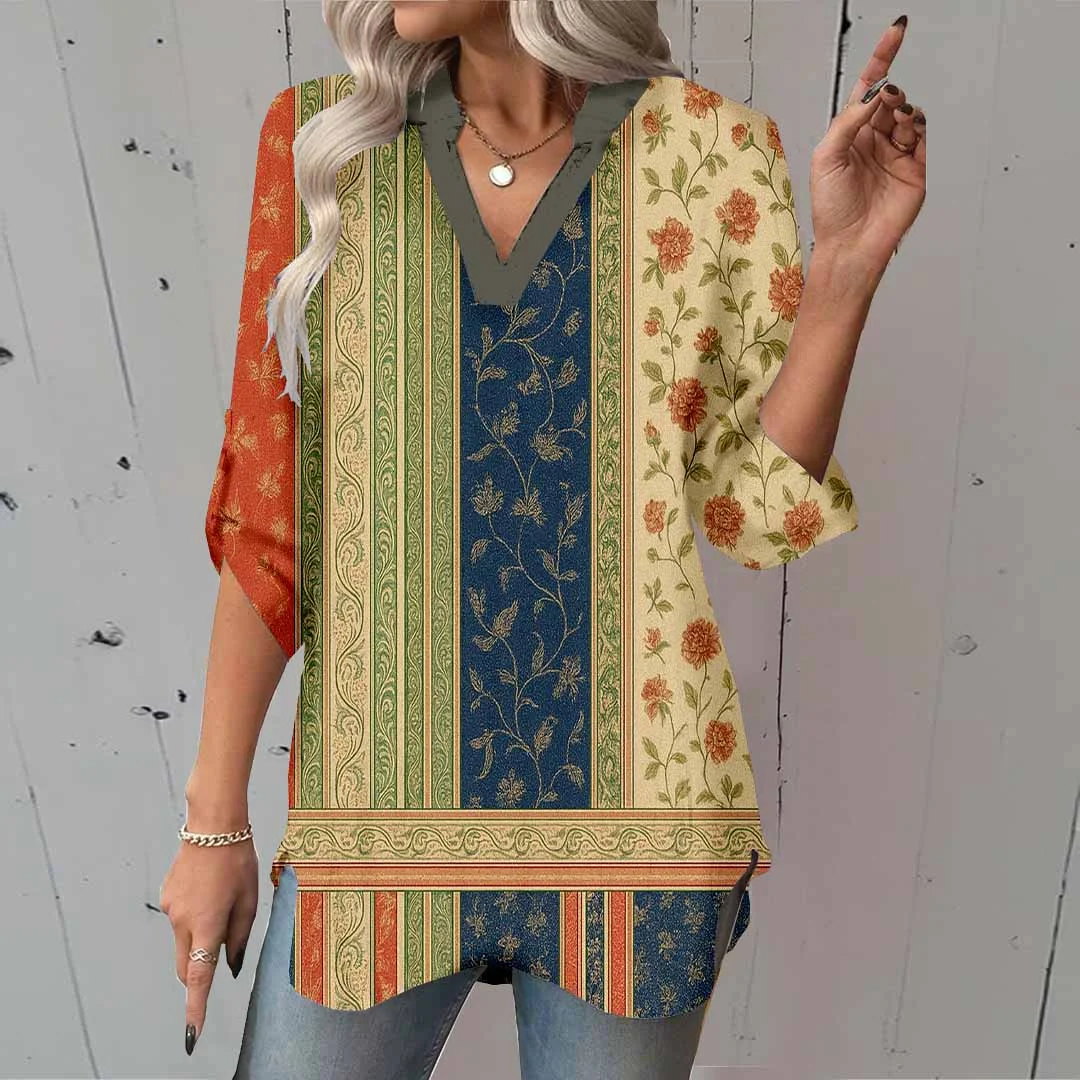 Women Bohemian,Floral,Red,Blue DZGA0285 3/4 Sleeve V-neck Printed Graphic Button Tops