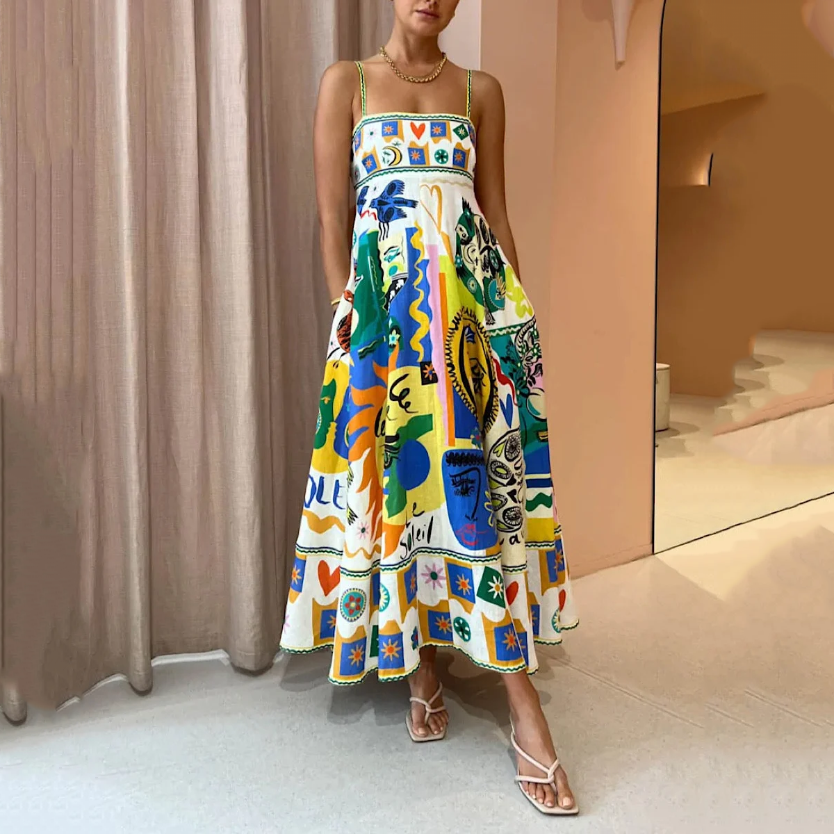 Comstylish Chic Geometric Suspender Graffiti Print Midi Dress