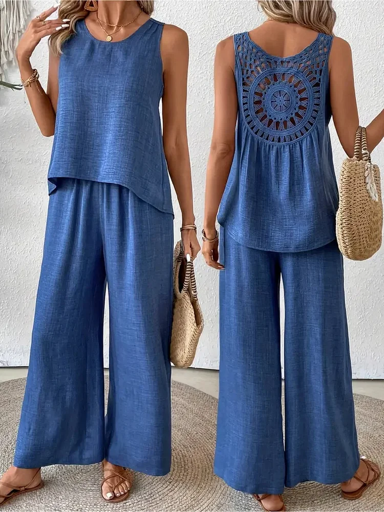 Women's Solid Color Back Hollow Lace Sleeveless Top& Pants 2pcs Suit, Casual Loose Camisole& Pants 2pcs Set For Summer& Holidays, Women's Clothing