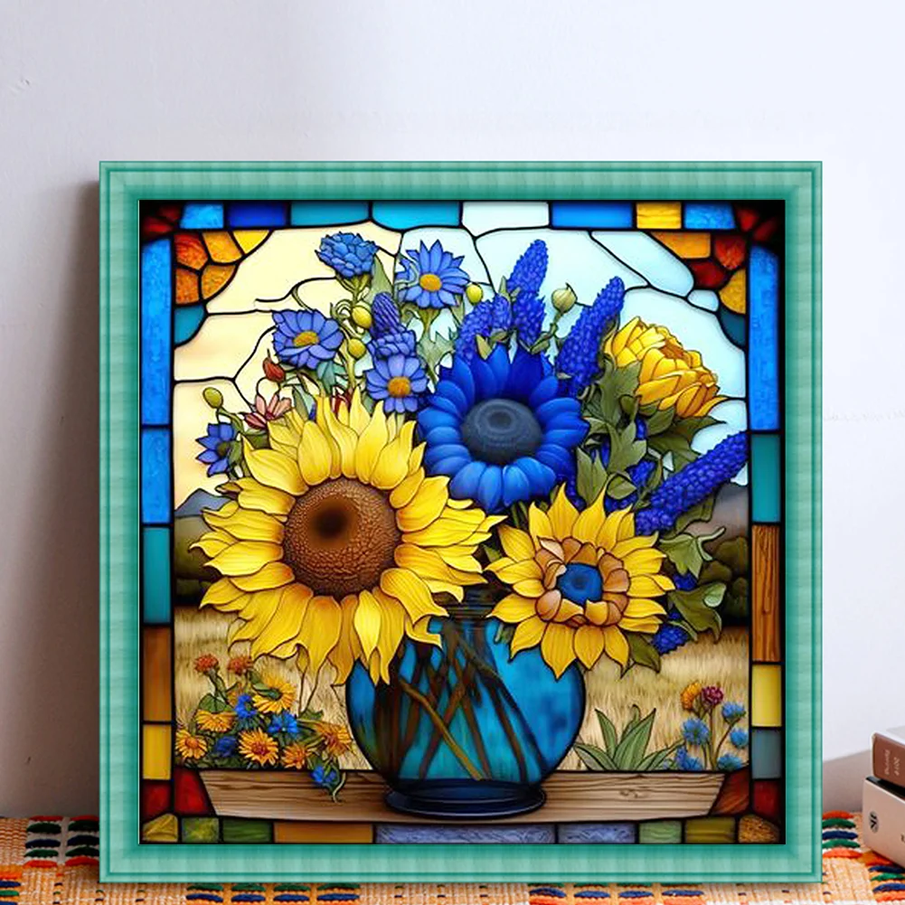 DIY Stamped Cross Stitch 14CT Full Embroidery 40*40cm - Glass Painting-Sunflowers