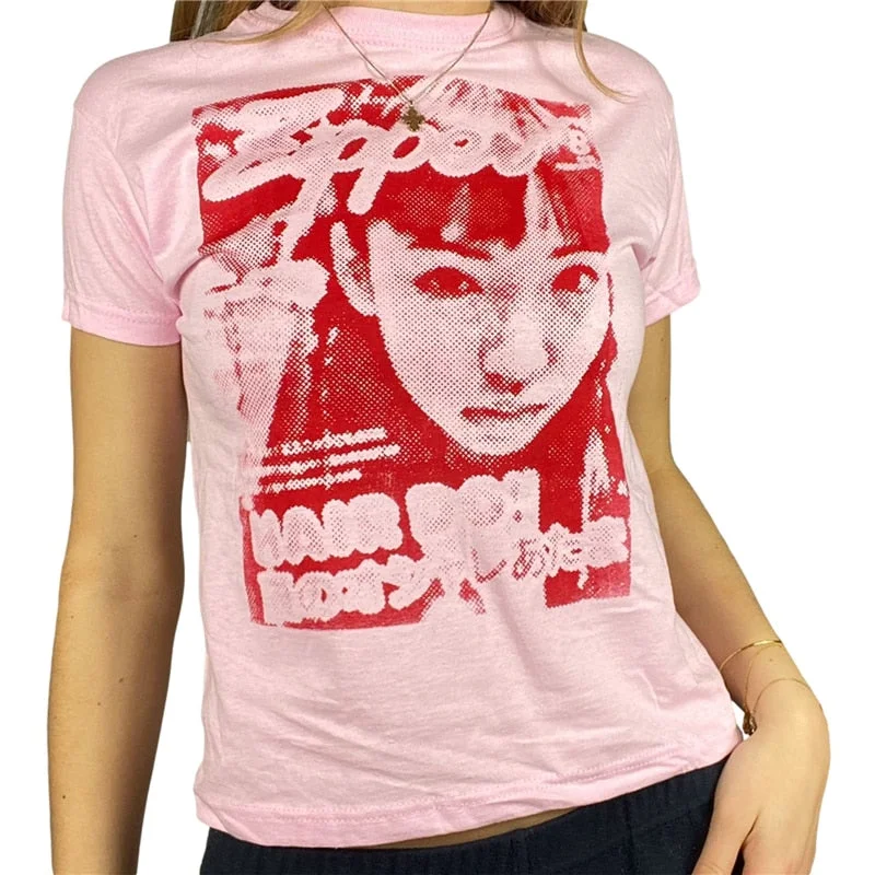 Xingqing Gothic Portrait Print T-shirt Aesthetic Short Sleevle Sweats Tees Harajuku Streetwear White Crop Top Women Clothes