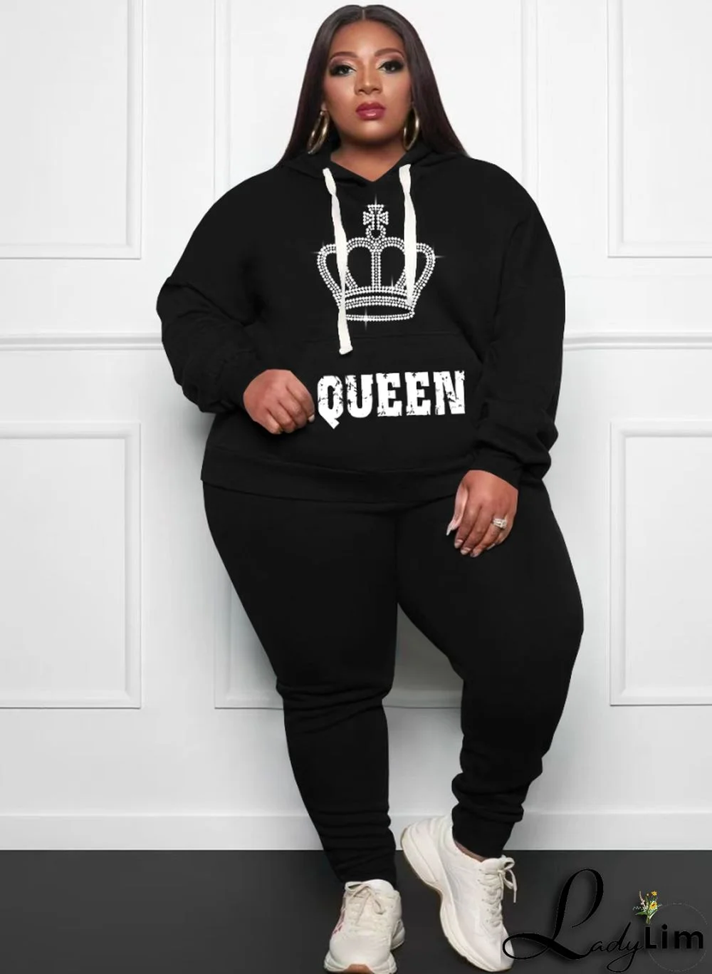 Spring Women Plus Size Casual Printed Black Long Sleeve Hoodies and Sweatpants Two Piece Set Wholesale Sportswear