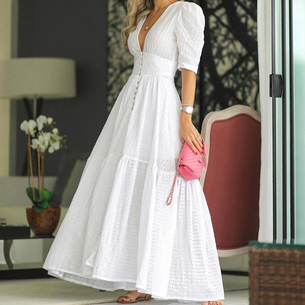 Deep V-Neck Solid White Fairy Maxi Dress - VSMEE