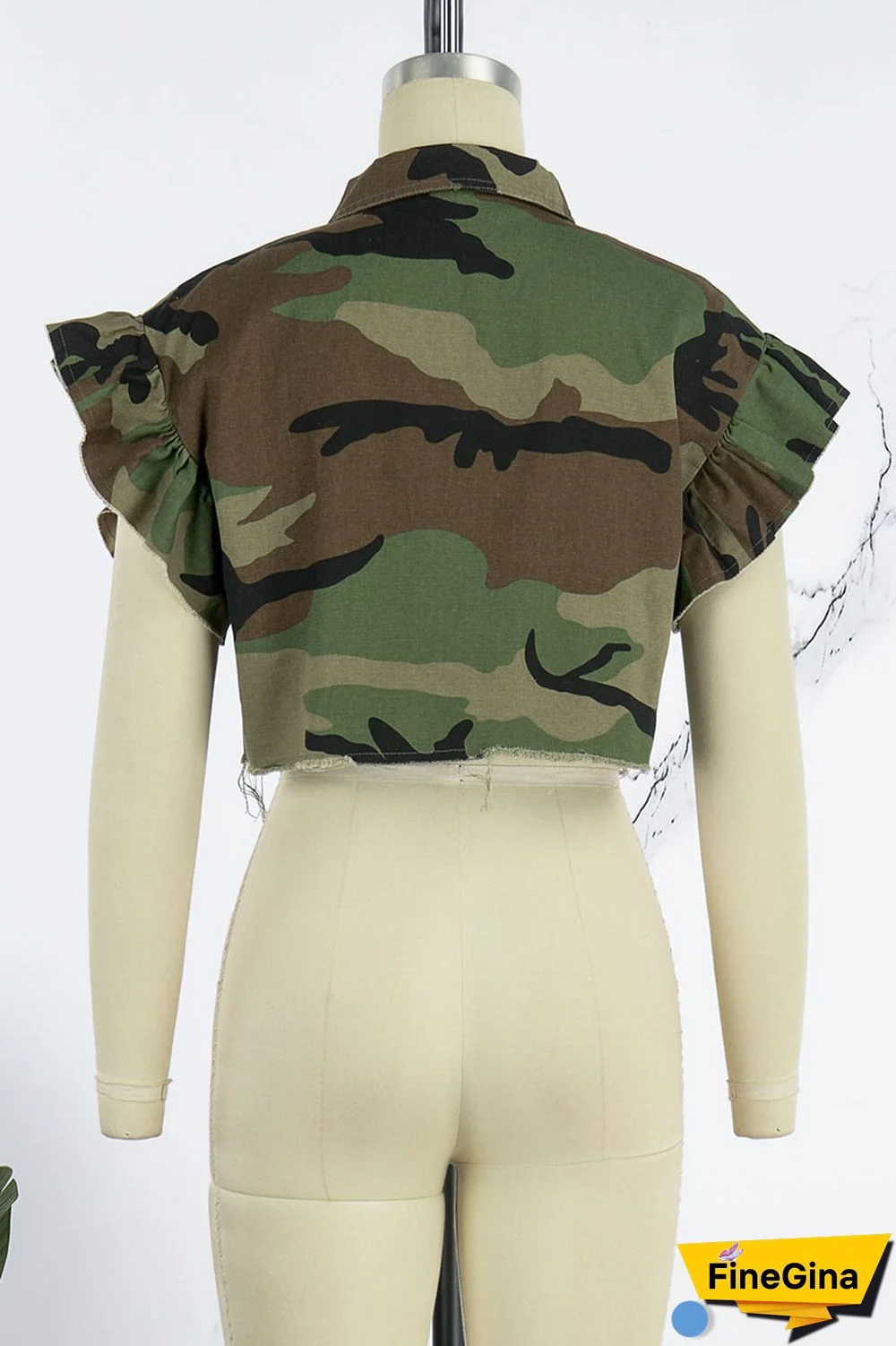 Camouflage Street Camouflage Print Patchwork Buckle Turndown Collar Tops