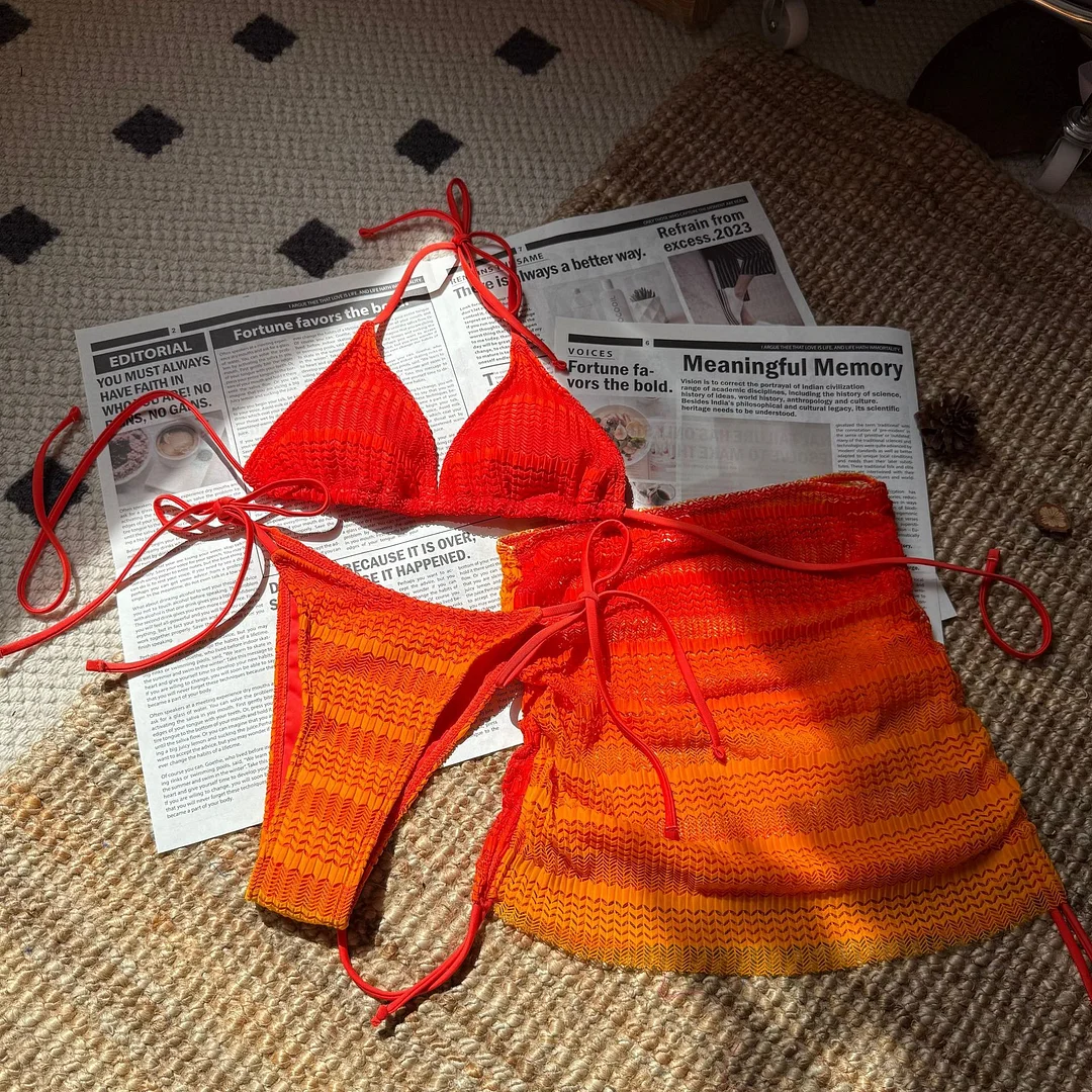 Uveng 2025 New Gradient Mesh Three-Piece Beach Short Skirt Sexy Bikini