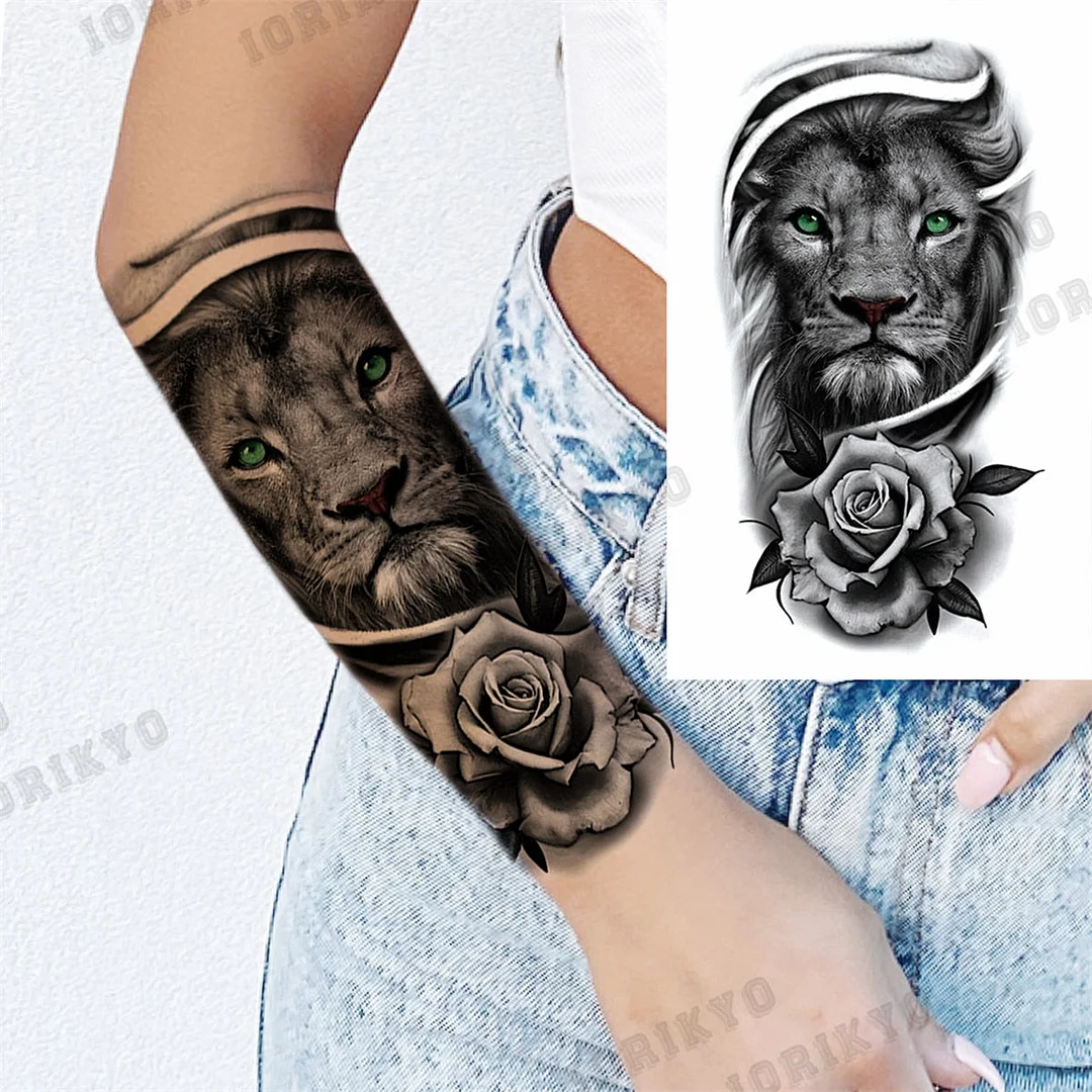 Black Lion Wolf Temporary Tattoos For Men Adult Forest Rose Compass Warrior Fake Tattoo Washable Body Art Painting Tatoo Sticker
