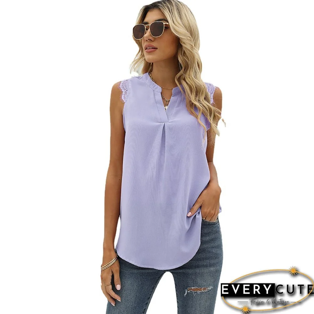 Light Purple V Neck Lace Trim Sleeveless Tank Top