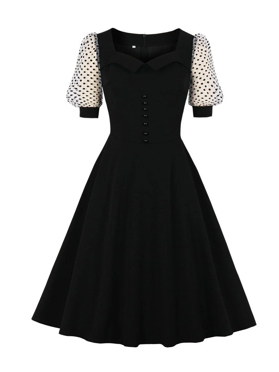 1950s Dress Square Collar Button Polka Dot Puff Sleeve Dress