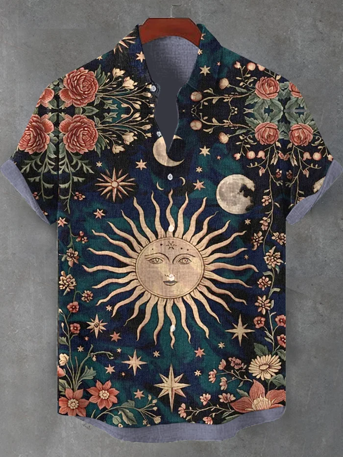 Men's Mysterious Moon Phase Boho Flowers Print Casual Shirt