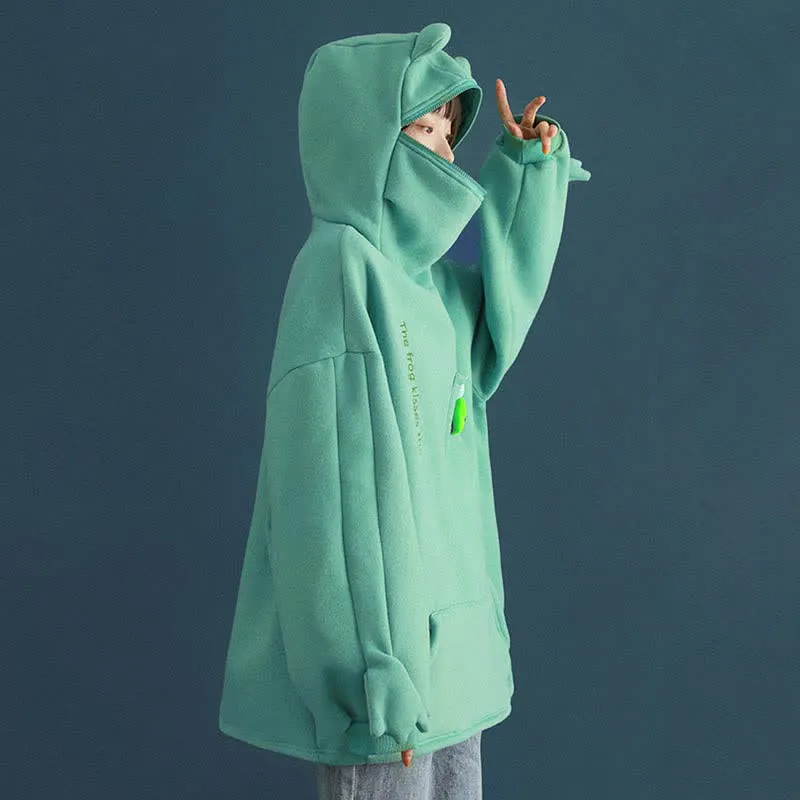 Frog Letter Zipper Pocket Oversized Hoodie THE FROG KISSES THE PRINCESS