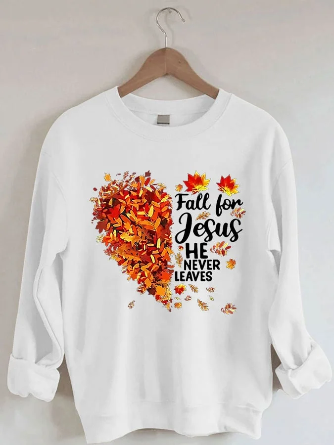 Women's Fall for Jesus He Never Leaves Maple Leaf Print Sweatshirt socialshop