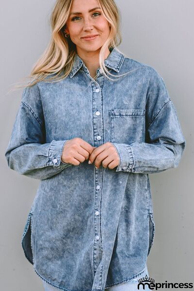 Button Up Dropped Shoulder Denim Top