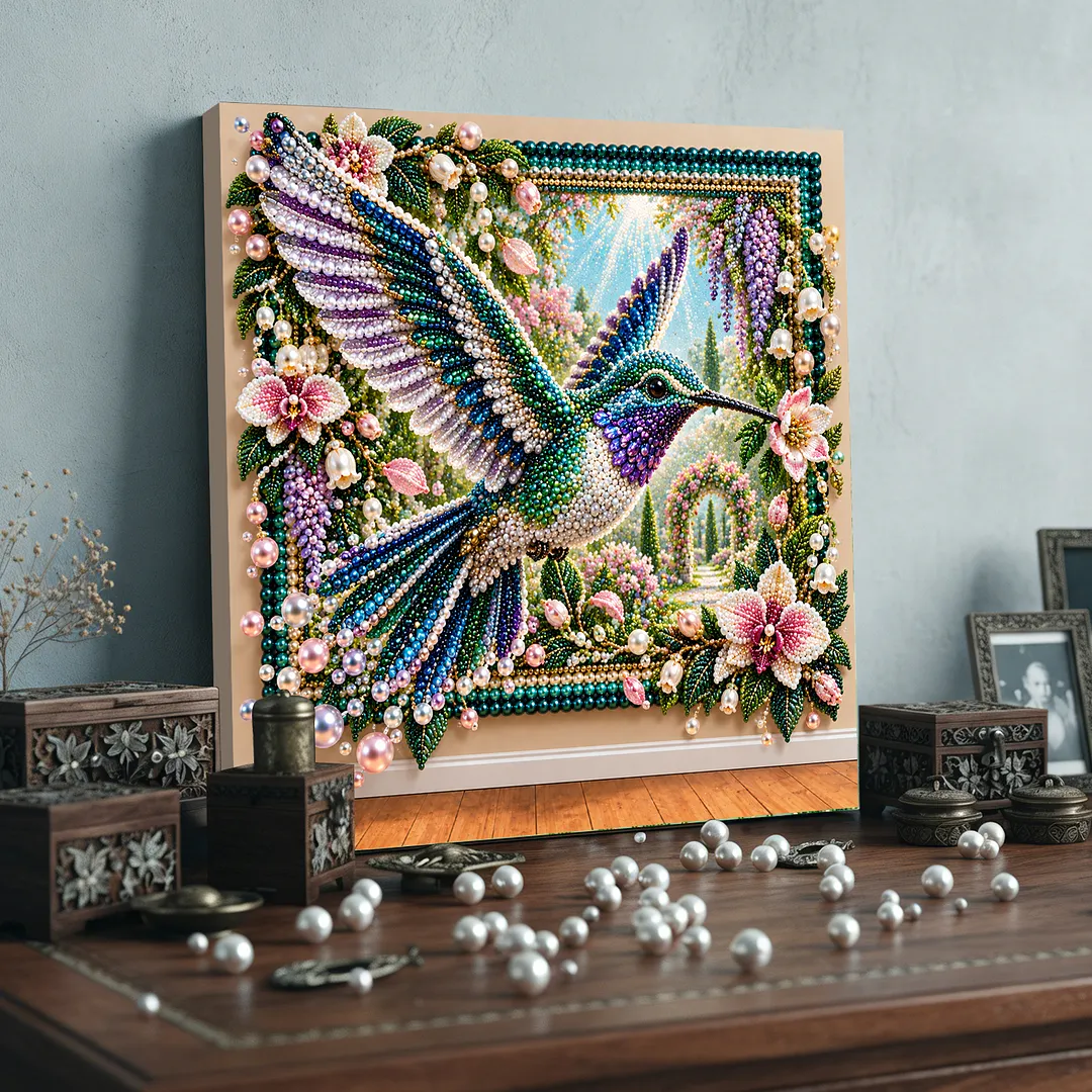 Framed Pearl Painting Kit Hummingbird Garden for Adults 12x12in