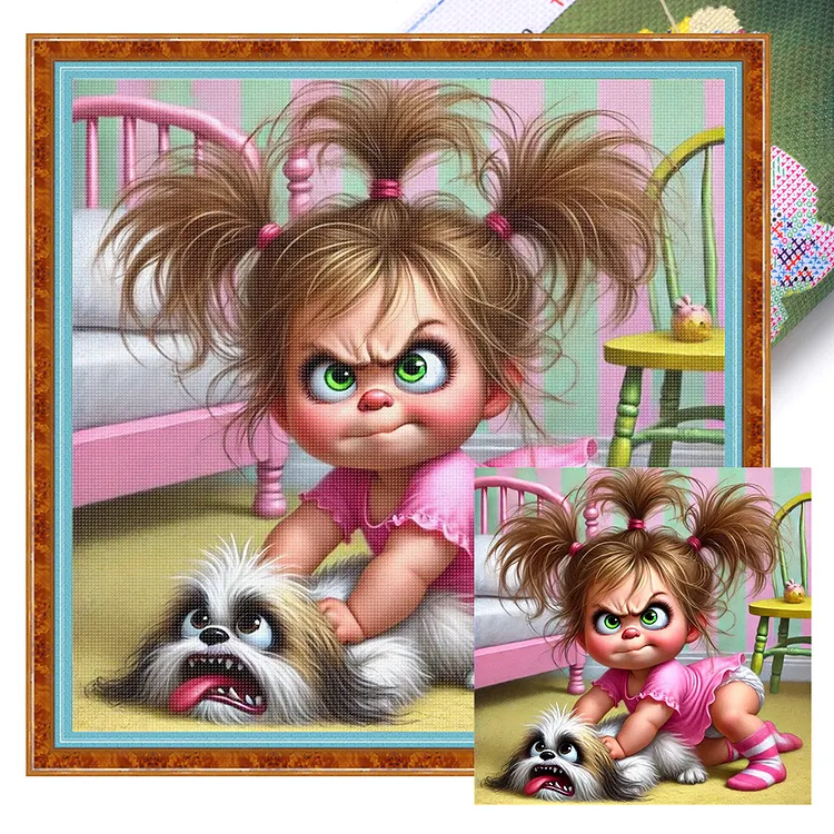 【Yishu Brand】Girl and Puppy 40*40cm 11CT Stamped Canvas Cross Stitch gbfke
