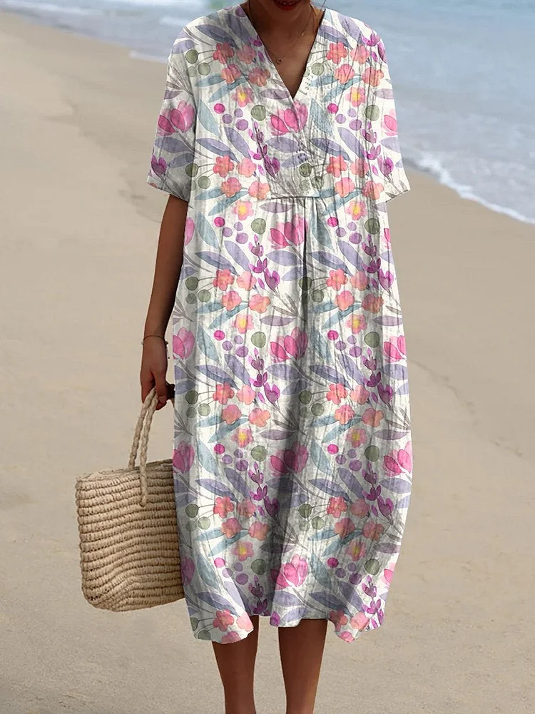 Watercolor Spring Garden Floral Repeat Pattern Printed Women's Flowy Dress