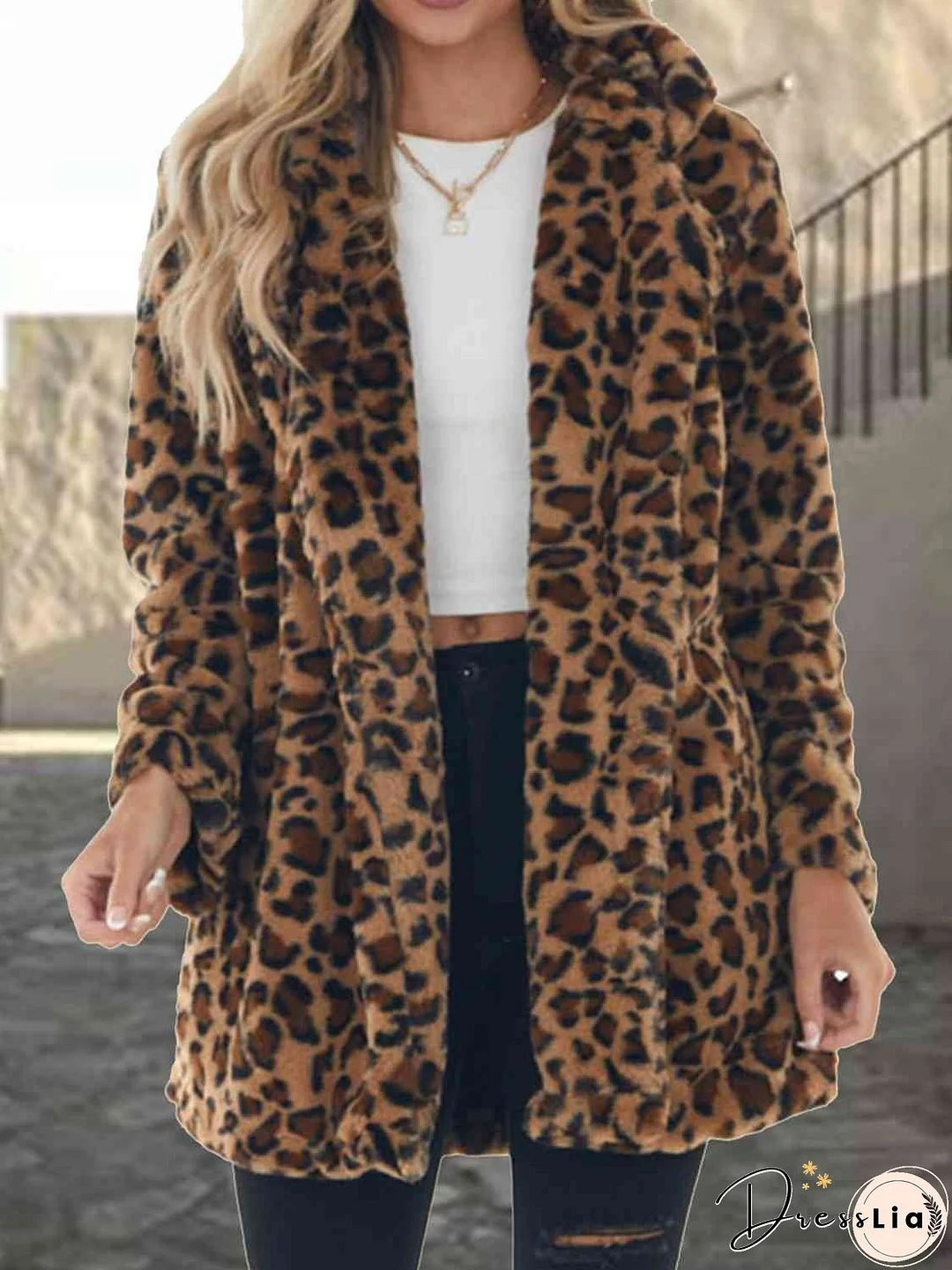 Leopard Collared Neck Coat with Pockets