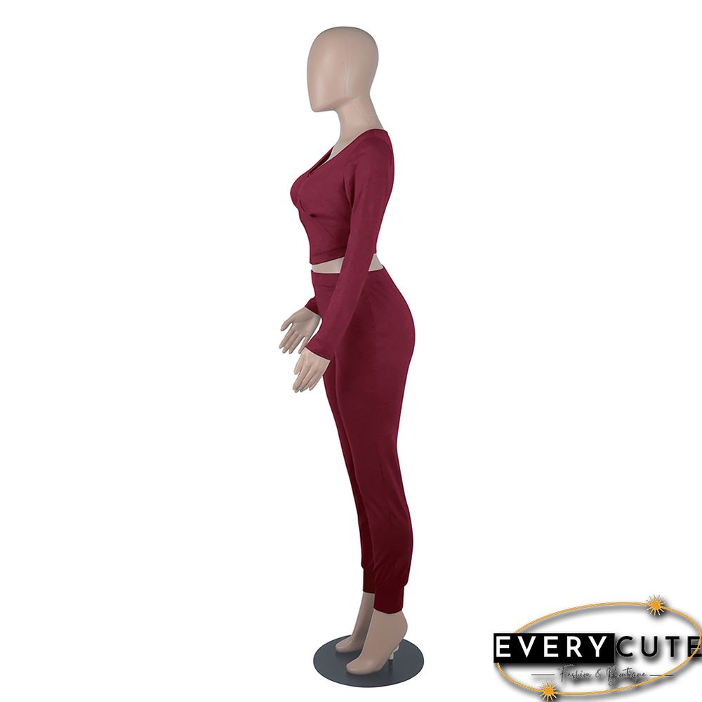 Wine Red Zipper Long Sleeve Crop Top And Pant Set
