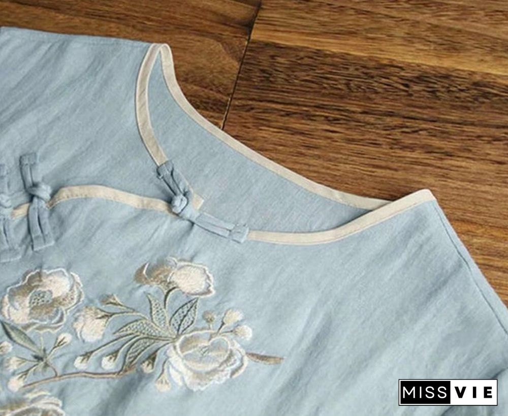 Women Spring Summer Retro Buckle Shirt Top Chinese National Style Embroidery Three Quarter Sleeve Floral Cheongsam Shirts