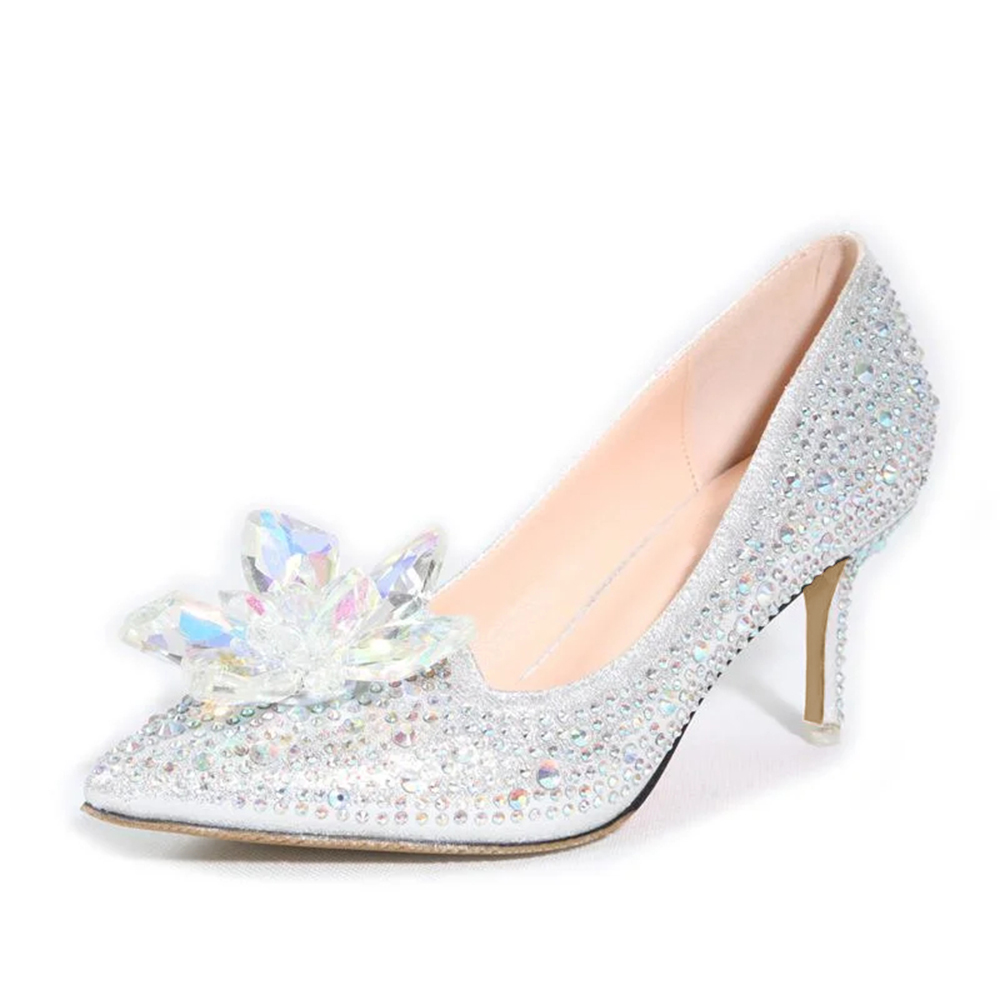 Silver Closed Toe Kitten Heel Crystal Pumps with Rhinestone  Nicepairs