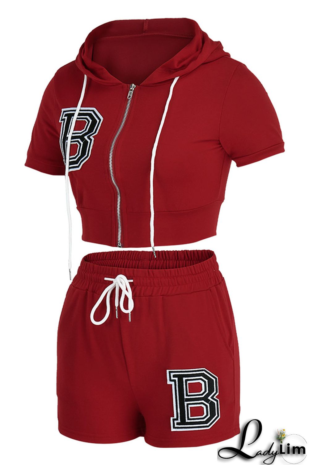 Pink Fashion Casual Letter Solid Embroidered Hooded Collar Short Sleeve Two Pieces