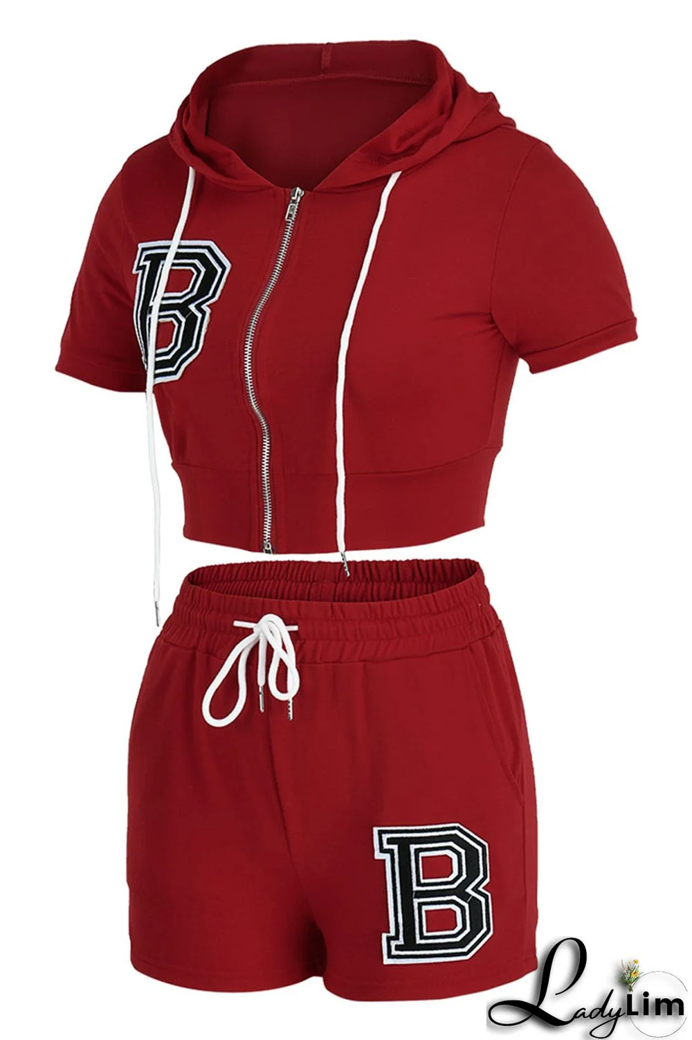 Pink Fashion Casual Letter Solid Embroidered Hooded Collar Short Sleeve Two Pieces