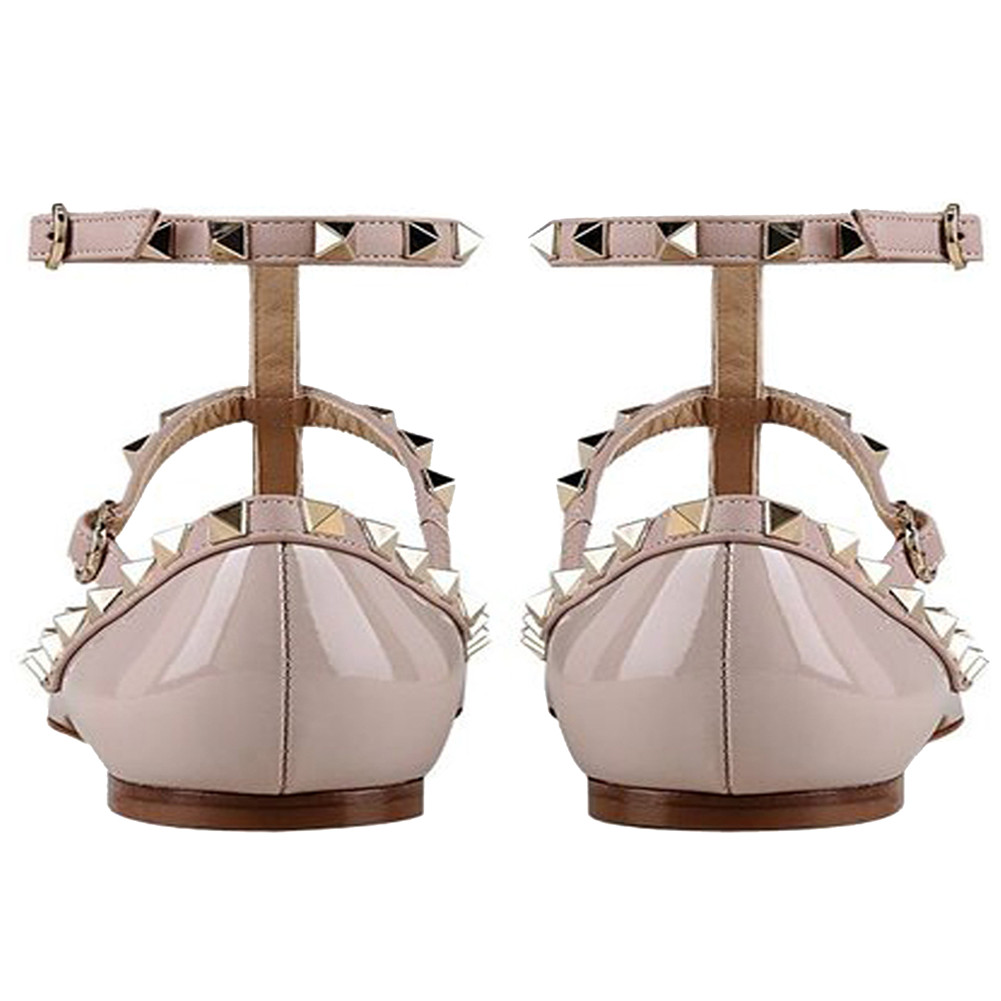 Women's Flats Rivets Rockstud Daily Pointed Toe Ballet Apricot Patent Shoes-vocosishoes