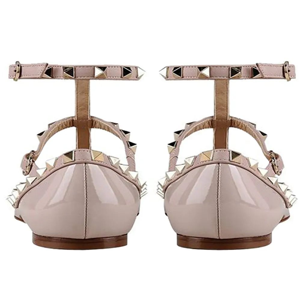 Women's Flats Rivets Rockstud Daily Pointed Toe Ballet Apricot Patent Shoes-vocosishoes