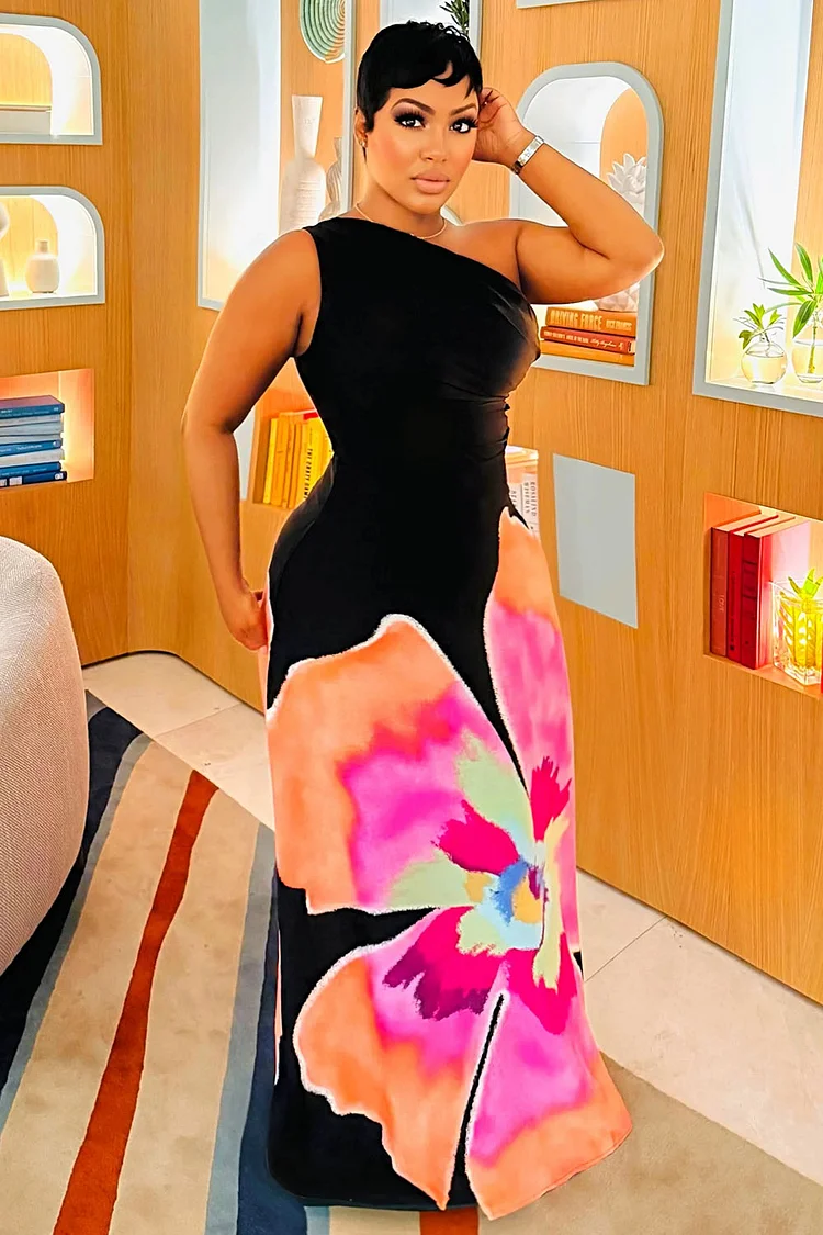 One Shoulder Sleeveless Floral Print Vacay Maxi Dresses-Black [Pre Order]