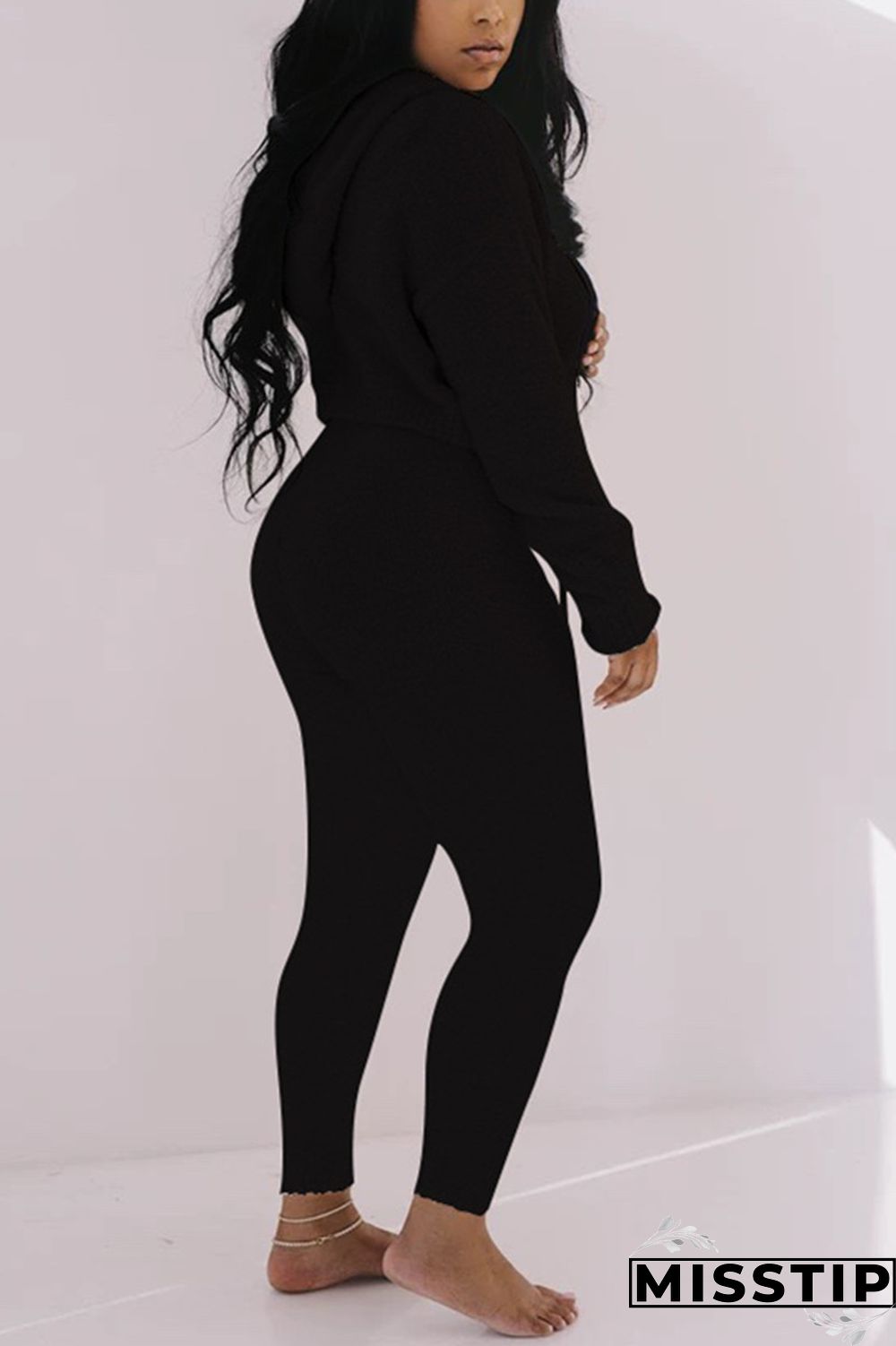 Black Casual Living Solid Basic O Neck Long Sleeve Two Pieces