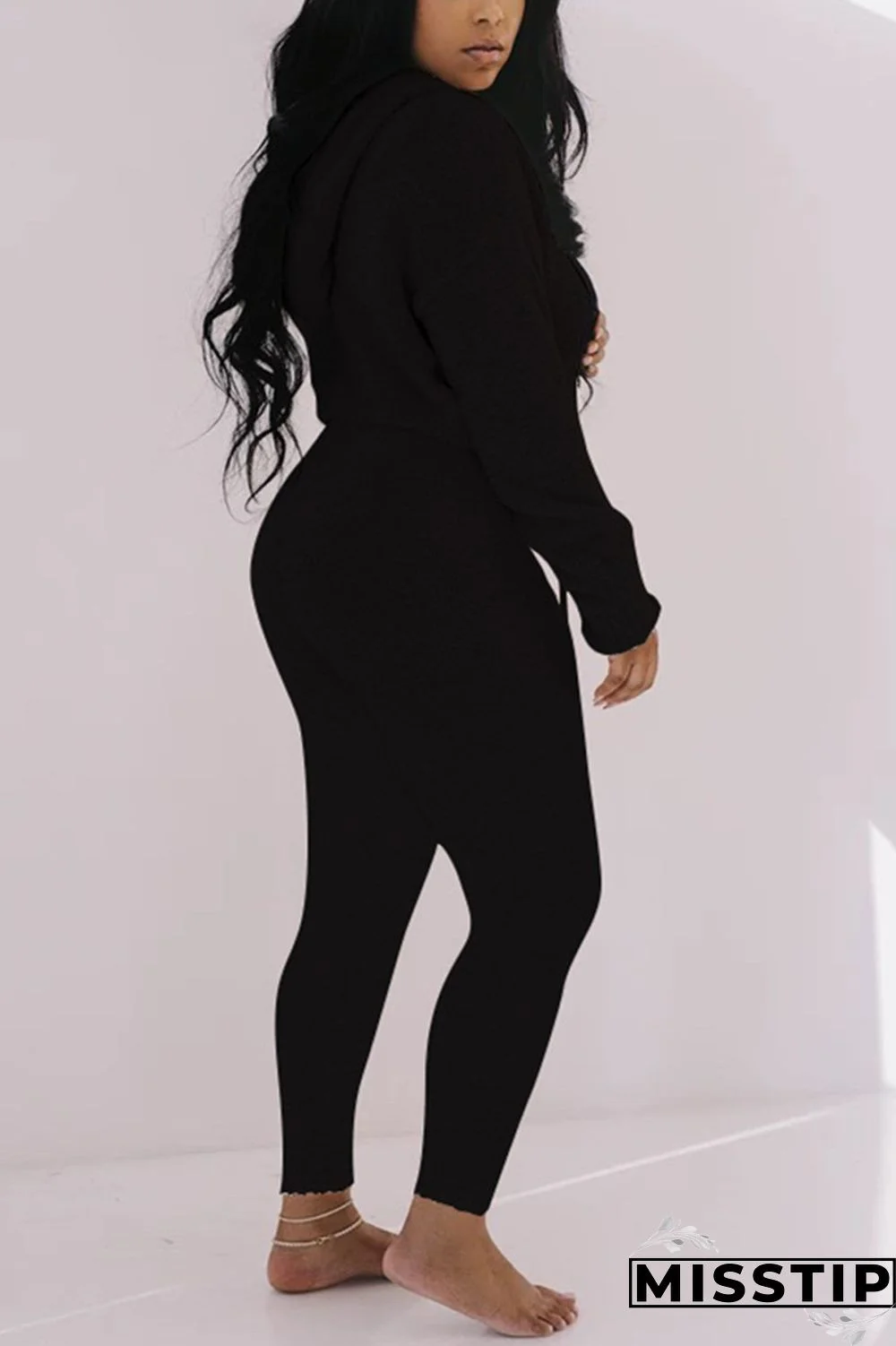 Black Casual Living Solid Basic O Neck Long Sleeve Two Pieces