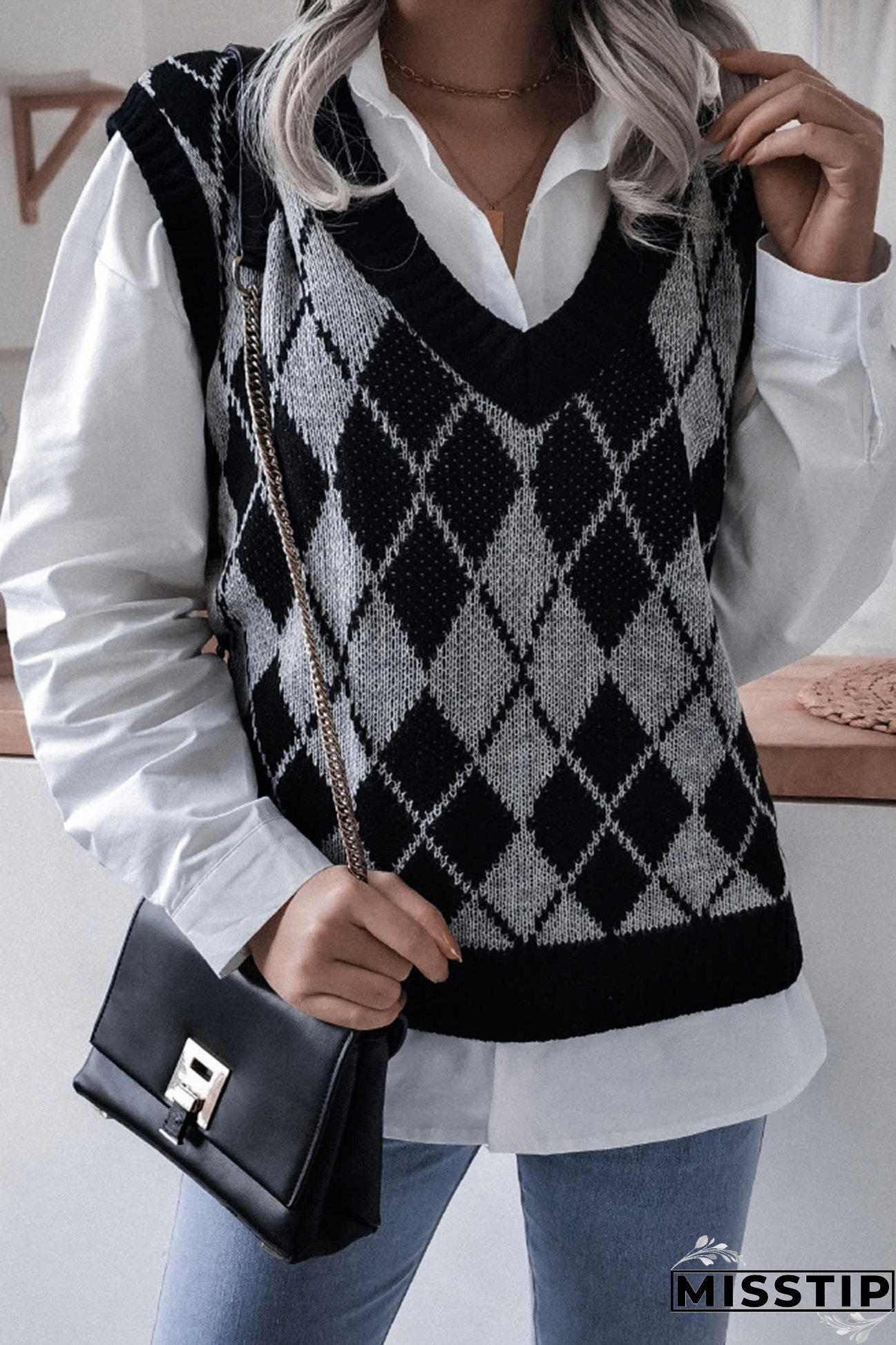 V Neck Checked Knit Tank Sweater