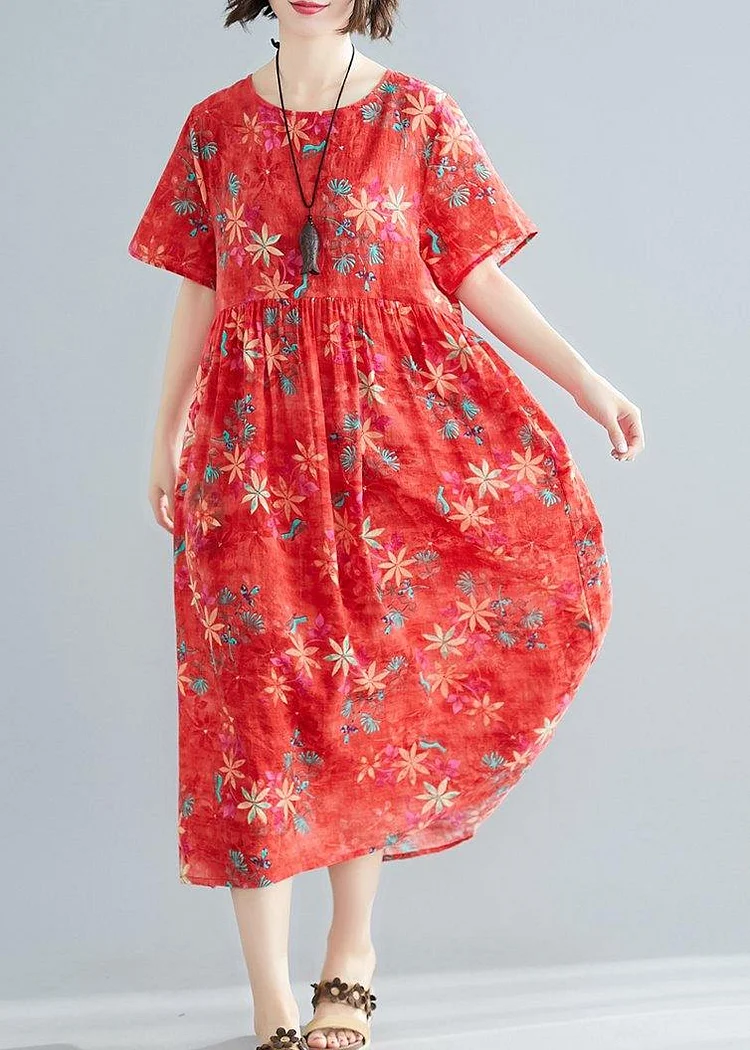 Women red print cotton clothes o neck patchwork Cinched Traveling summer Dress