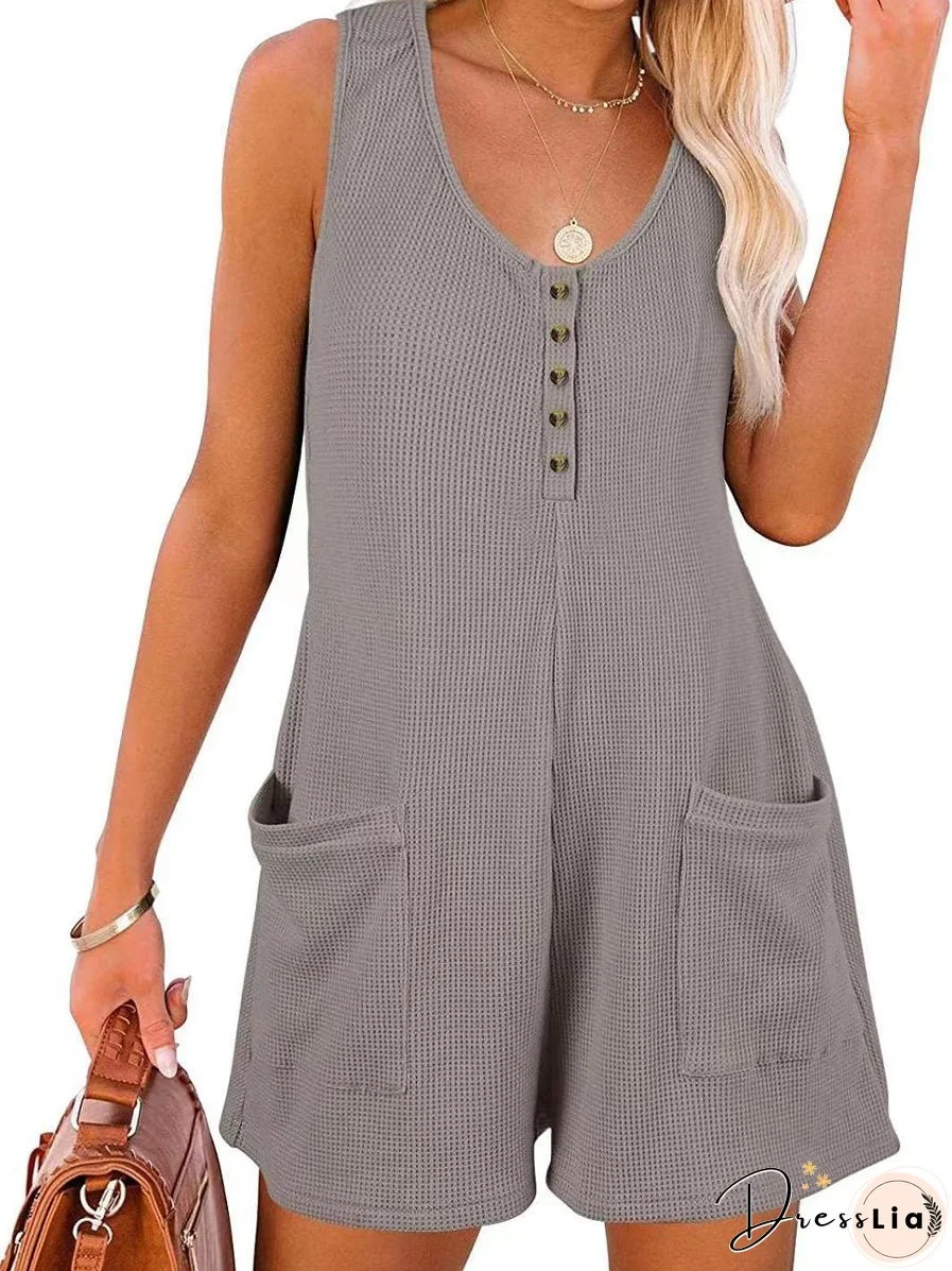 Splicing Sleeveless Loose Casual Button Jumpsuit